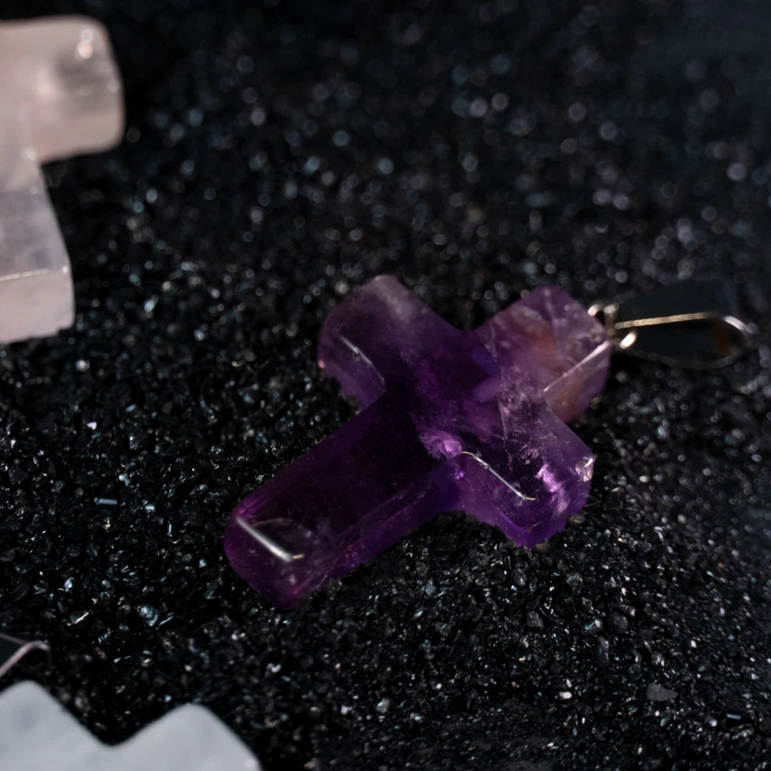 Raw Amethyst Cross Necklace | Minimalist Natural Crystal Pendant with Rope Chain