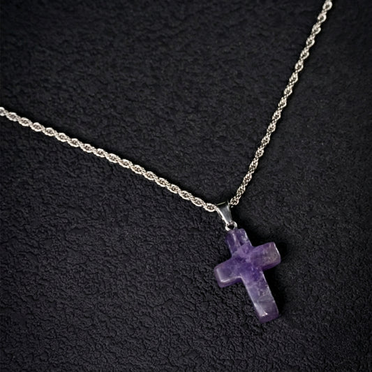 Raw Amethyst Cross Necklace | Minimalist Natural Crystal Pendant with Rope Chain