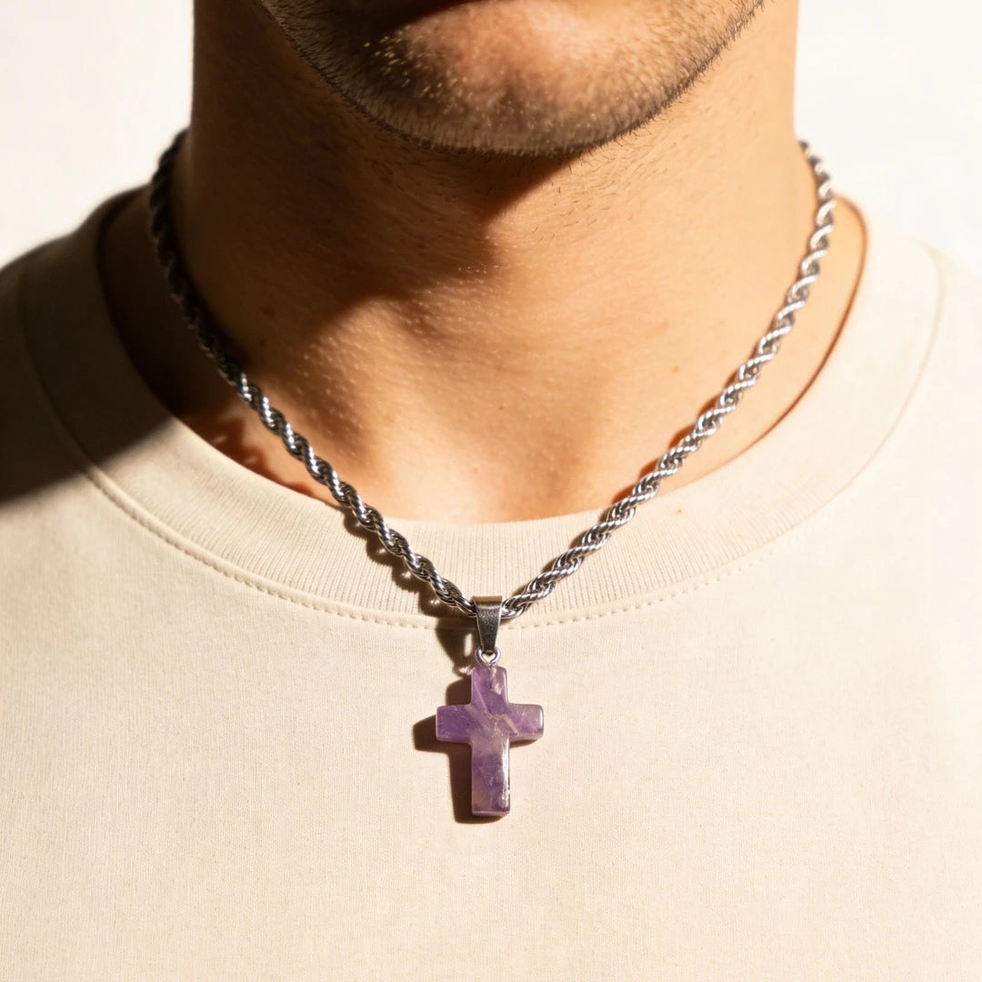 Raw Amethyst Cross Necklace | Minimalist Natural Crystal Pendant with Rope Chain
