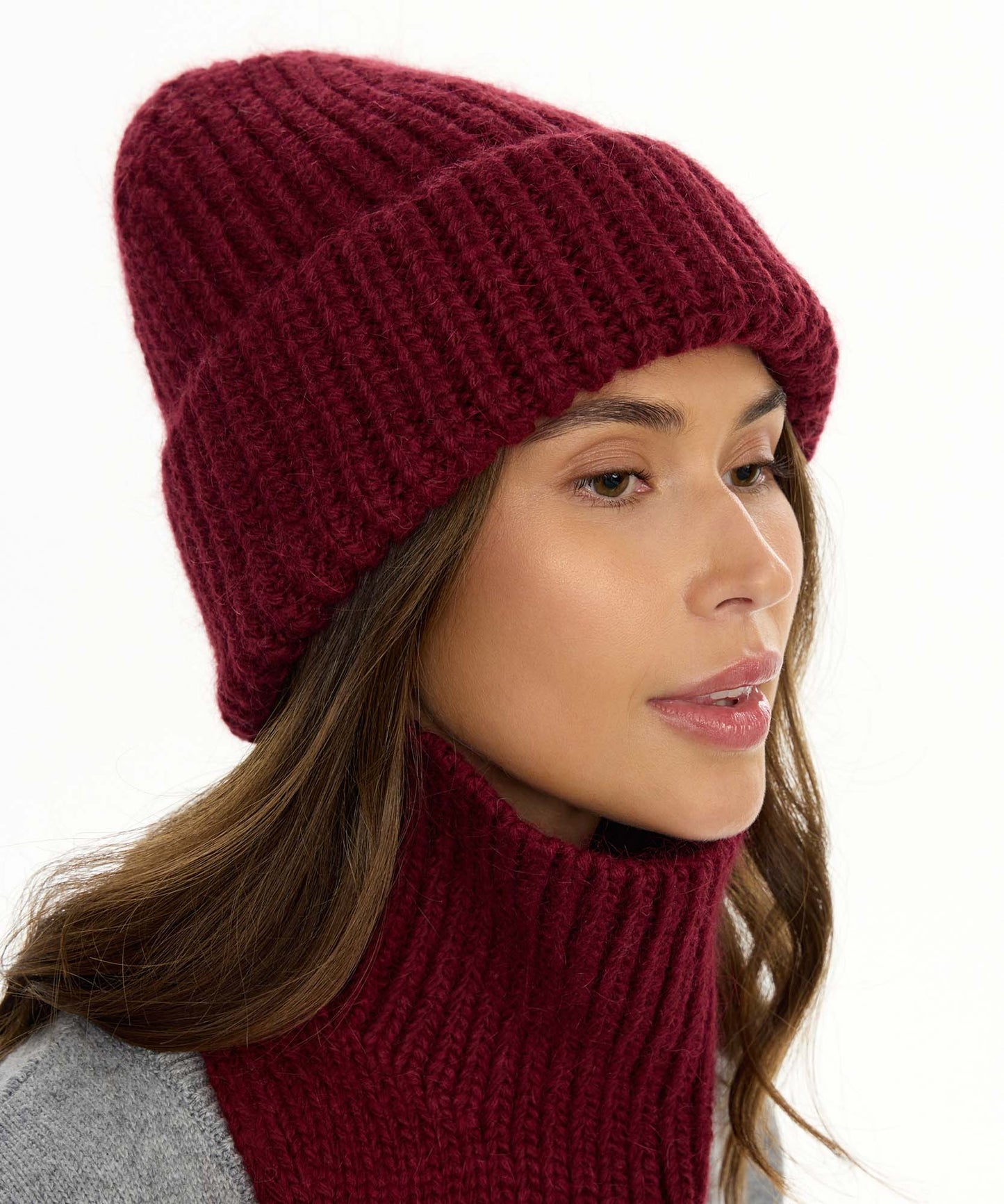 Angora Blend Knit Beanie & V-Neck Snood Set