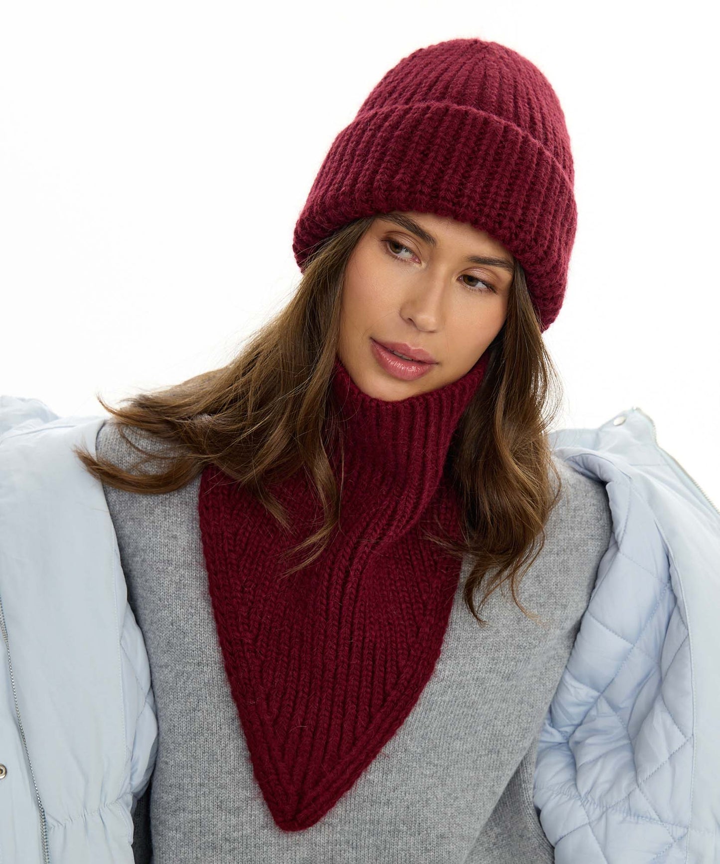 Angora Blend Knit Beanie & V-Neck Snood Set
