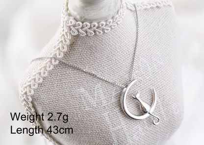 Sterling Silver Cat On The Moon Necklace