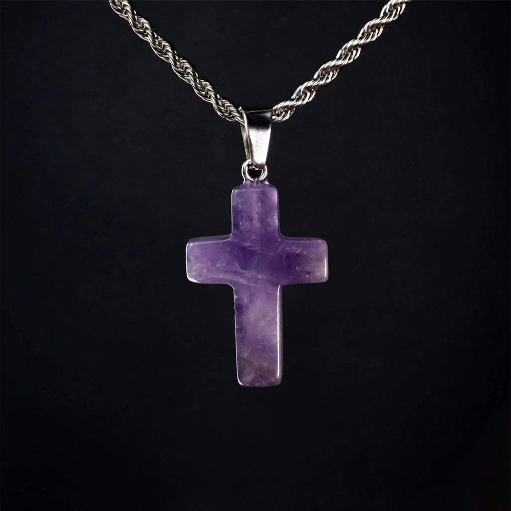 Raw Amethyst Cross Necklace | Minimalist Natural Crystal Pendant with Rope Chain