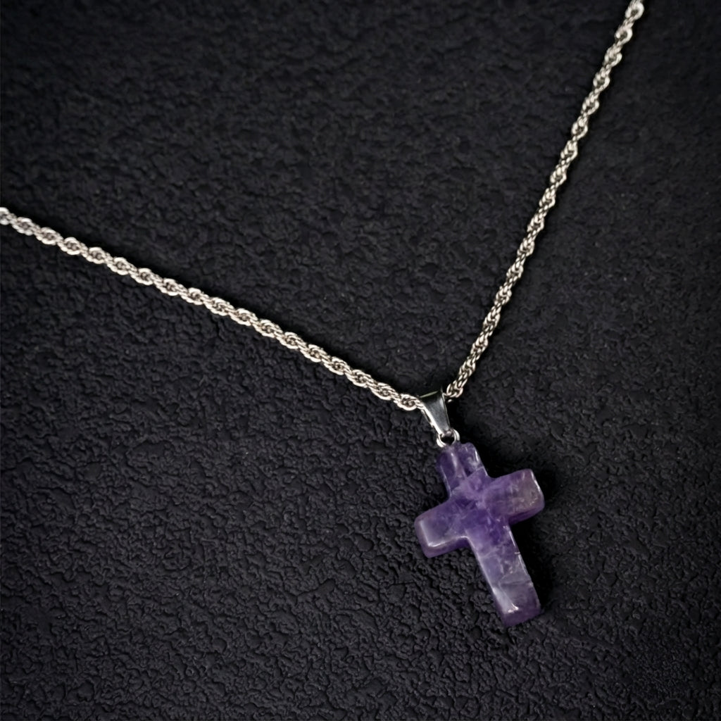 Raw Amethyst Cross Necklace | Minimalist Natural Crystal Pendant with Rope Chain
