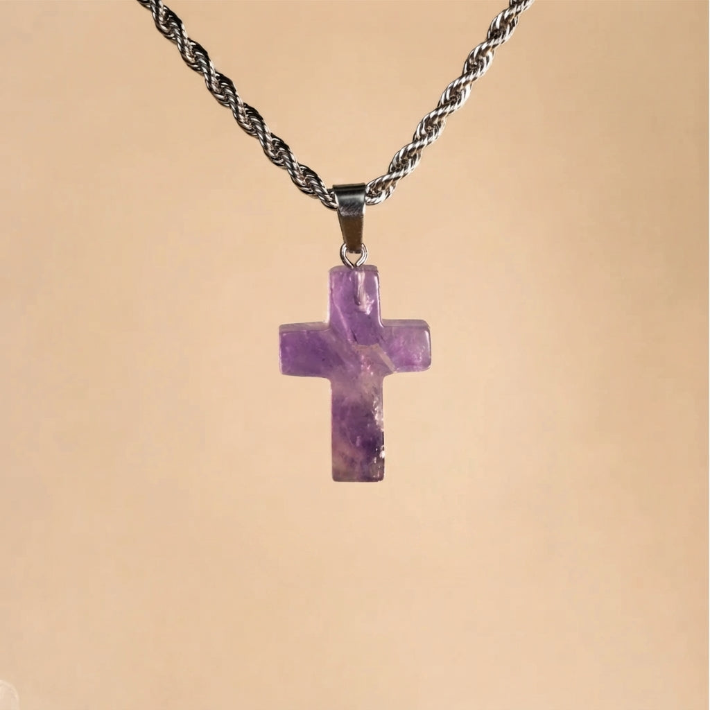 Raw Amethyst Cross Necklace | Minimalist Natural Crystal Pendant with Rope Chain